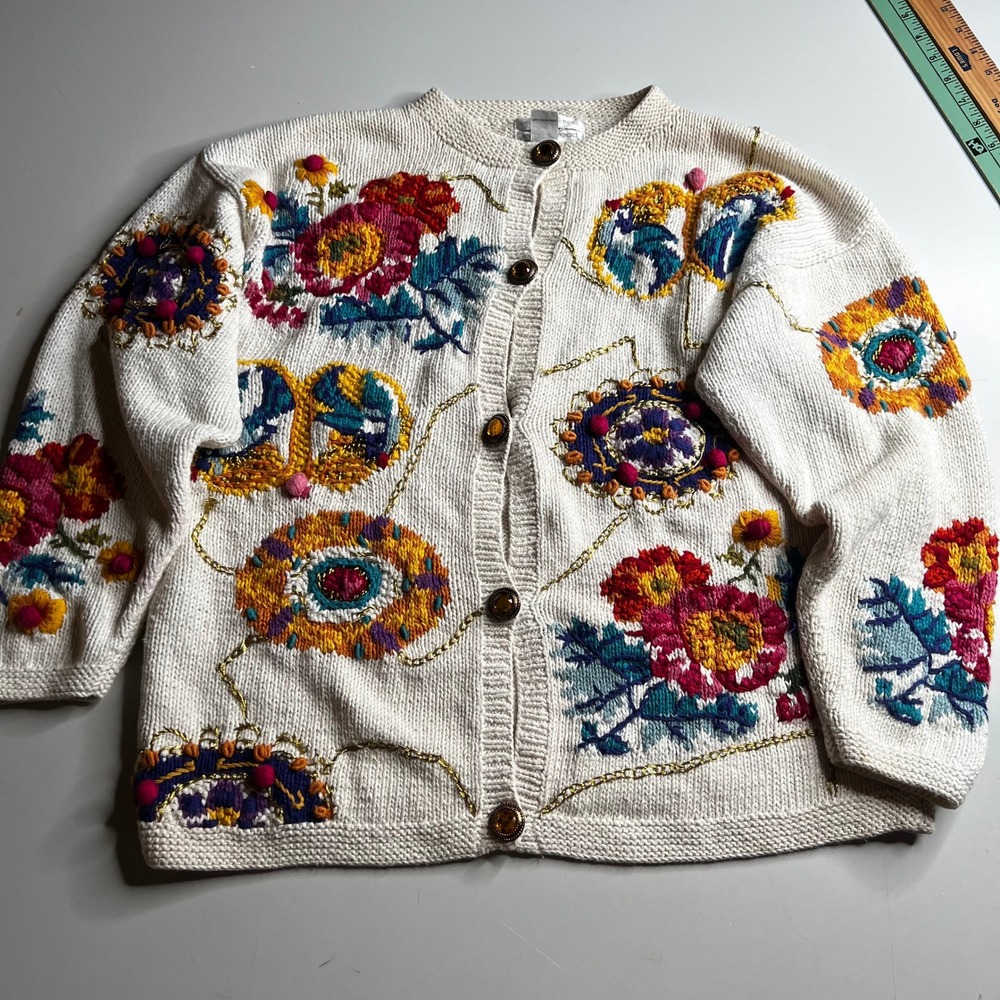 Jennifer Reed Hand Knitted Floral Cardigan Cream Ramie Cotton Sweater Small‎